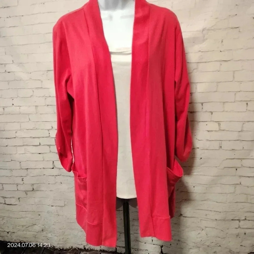 Oleg Cassini Sports Size Large Pink Open Front Knit Tab Sleeves Cardigan